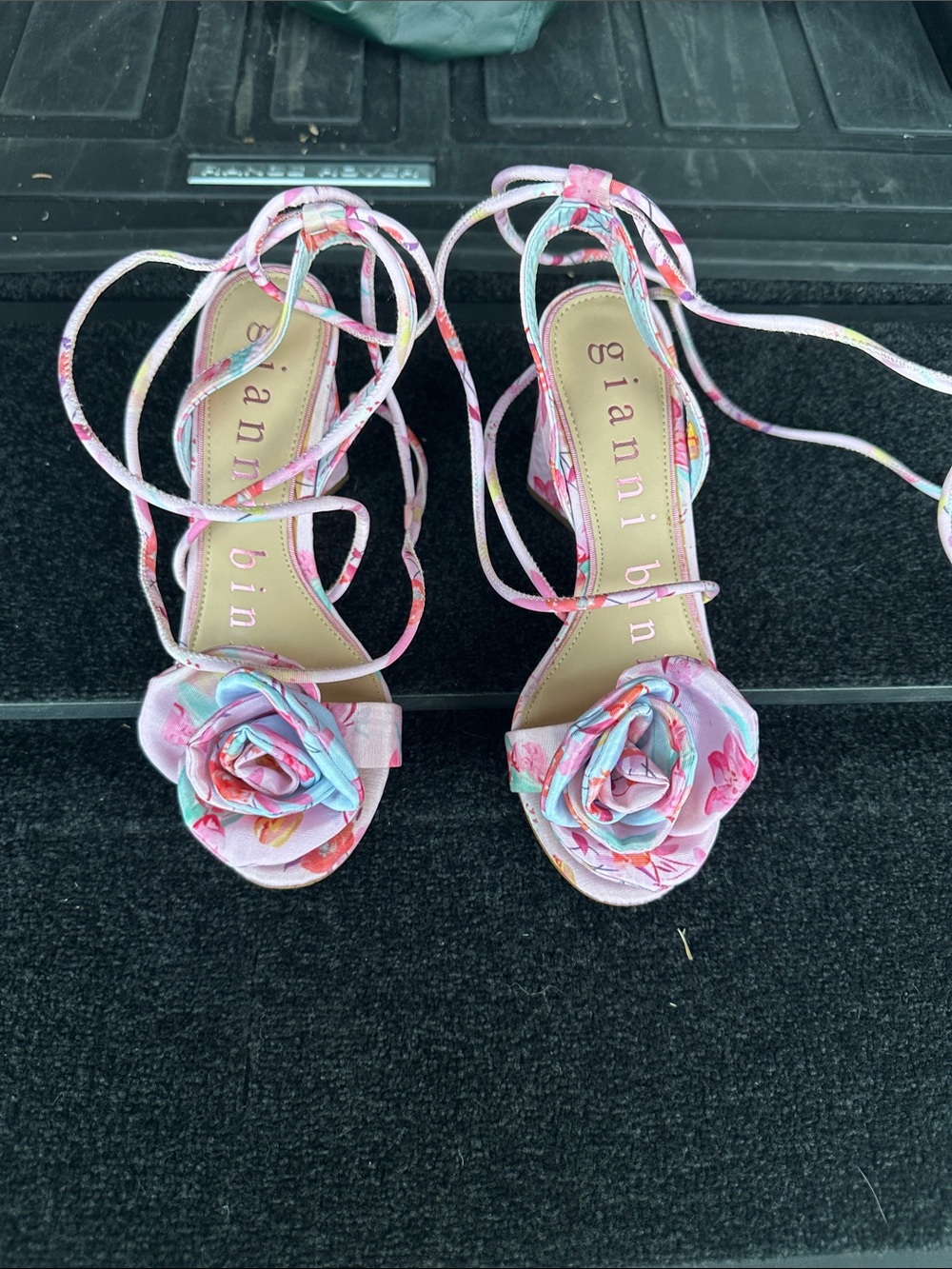 Gianni Bini Pink Floral Lace-Up Heeled Sandals with Rosette Accent